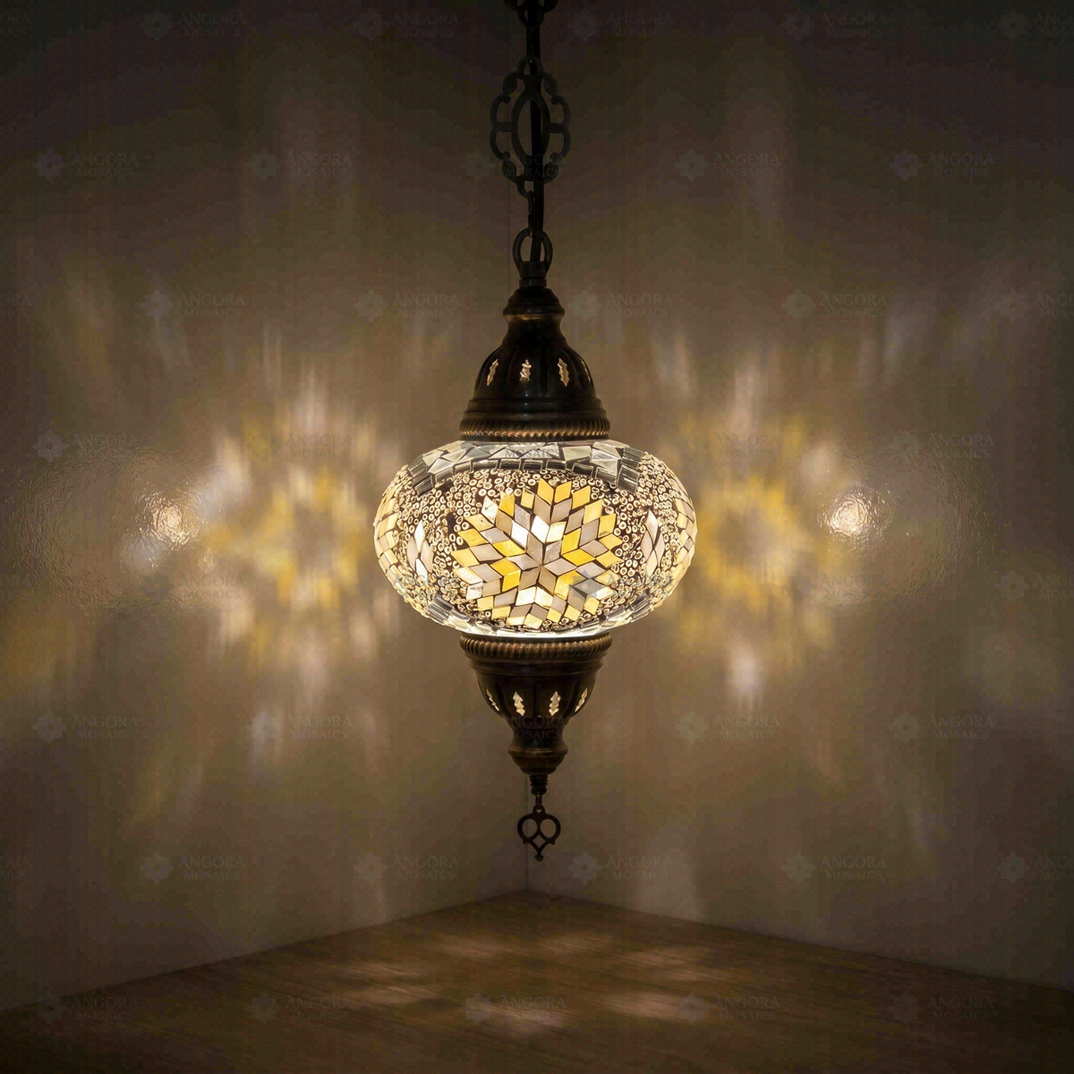 White Pendant Lamp, switched on, glowing in a dark room
