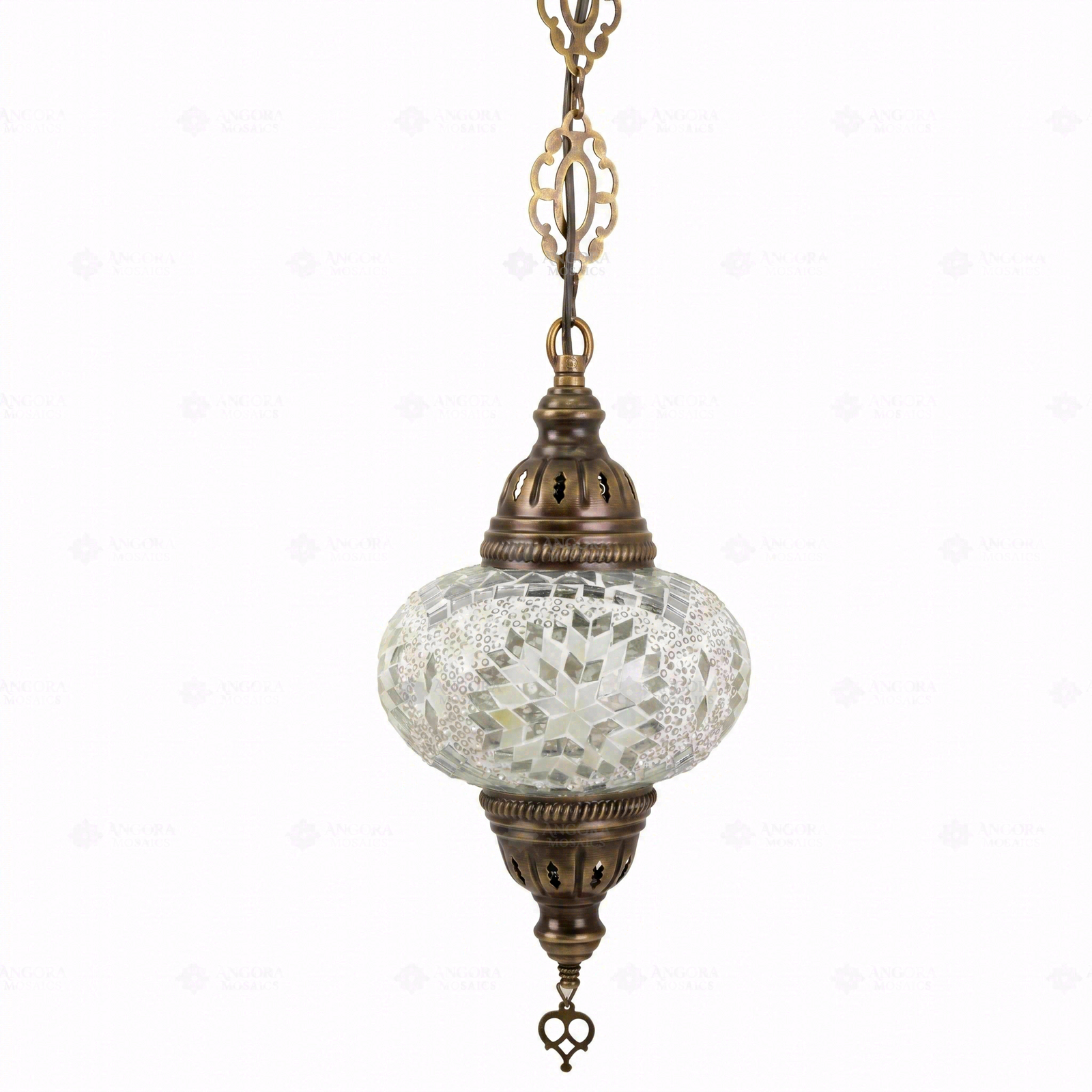 Full view of handmade White white glow Turkish mosaic pendant light on white background (ENV DYN3043)