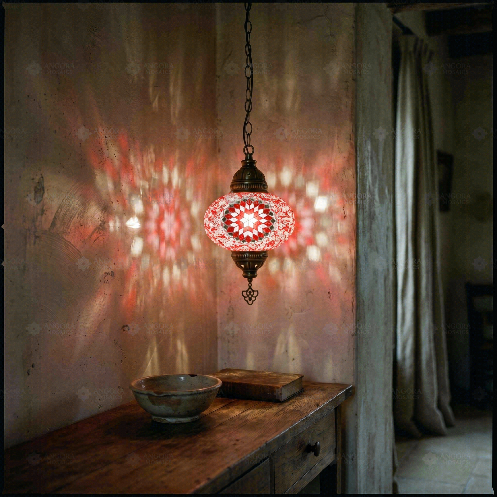 Red ruby red Turkish mosaic pendant light in styled room — handmade Moroccan pendant light (ENV DYN3044)