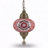 Full view of handmade Red ruby red Turkish mosaic pendant light on white background (ENV DYN3044)