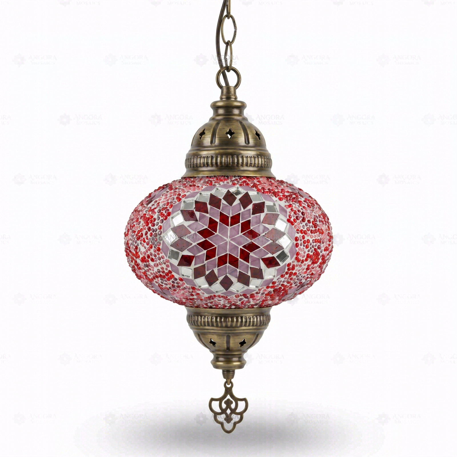 Full view of handmade Red ruby red Turkish mosaic pendant light on white background (ENV DYN3044)