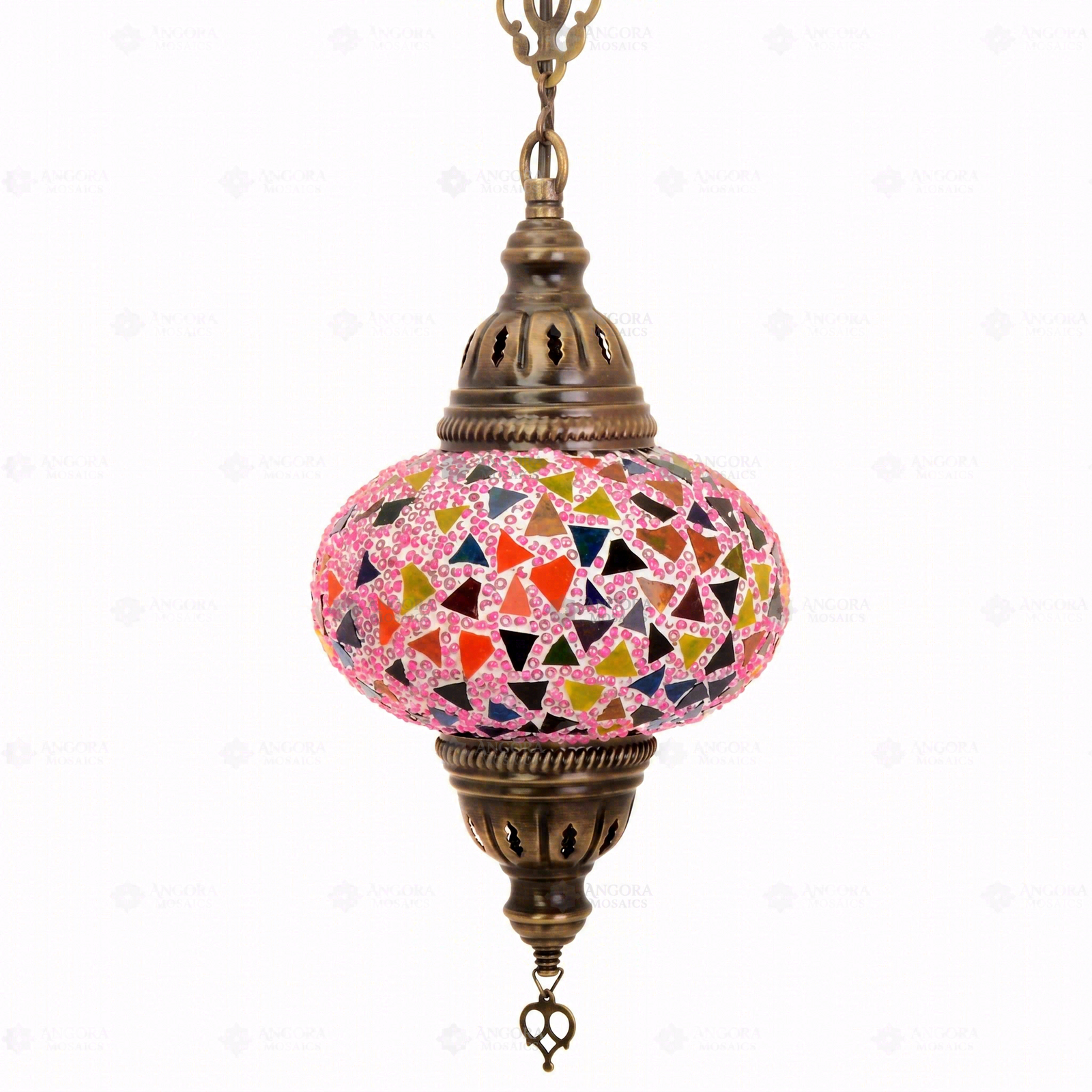 Full view of handmade Pink pink rose Turkish mosaic pendant light on white background (ENV DYN3046)