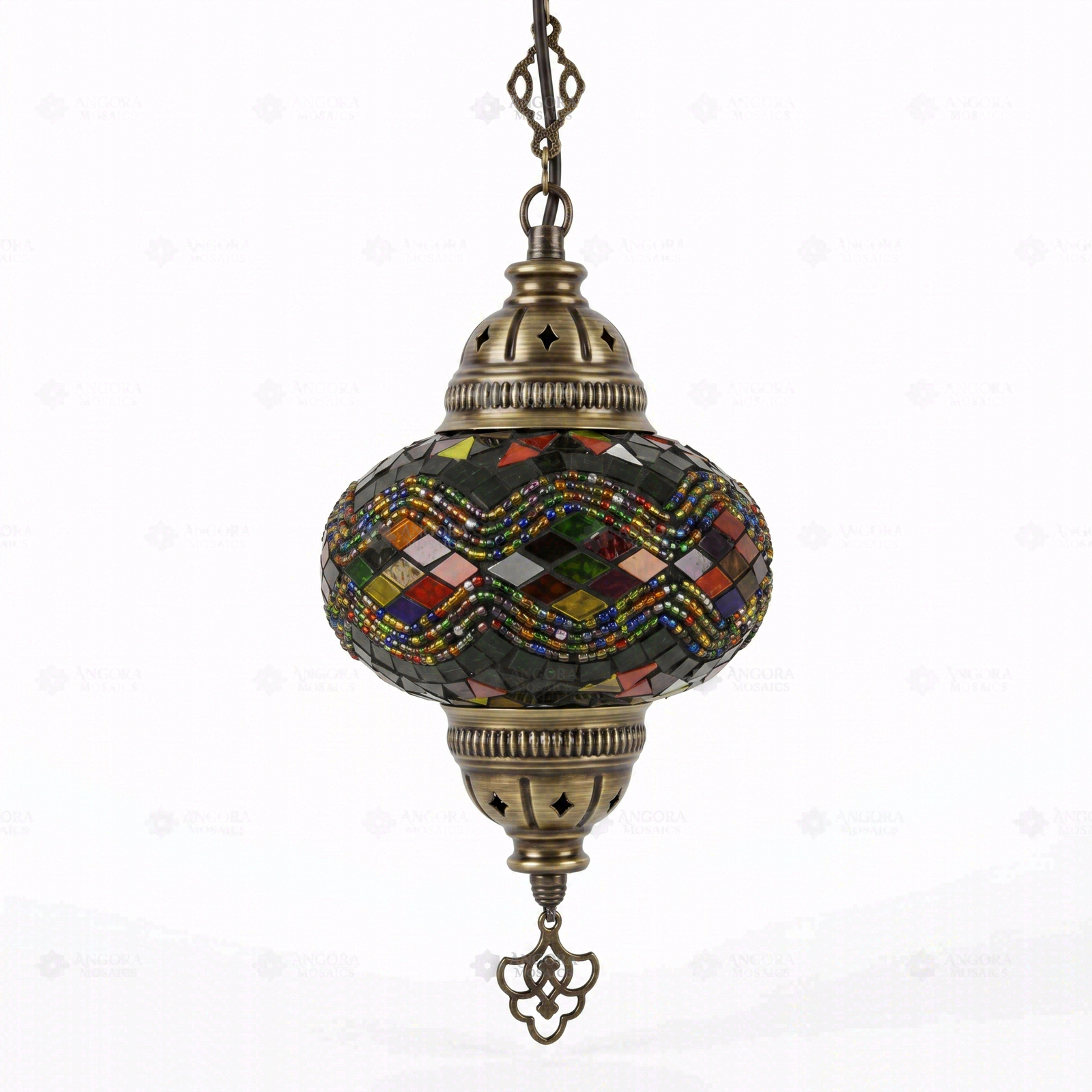 Full view of handmade Multicolor multicolor jewel Turkish mosaic pendant light on white background (ENV DYN3047)