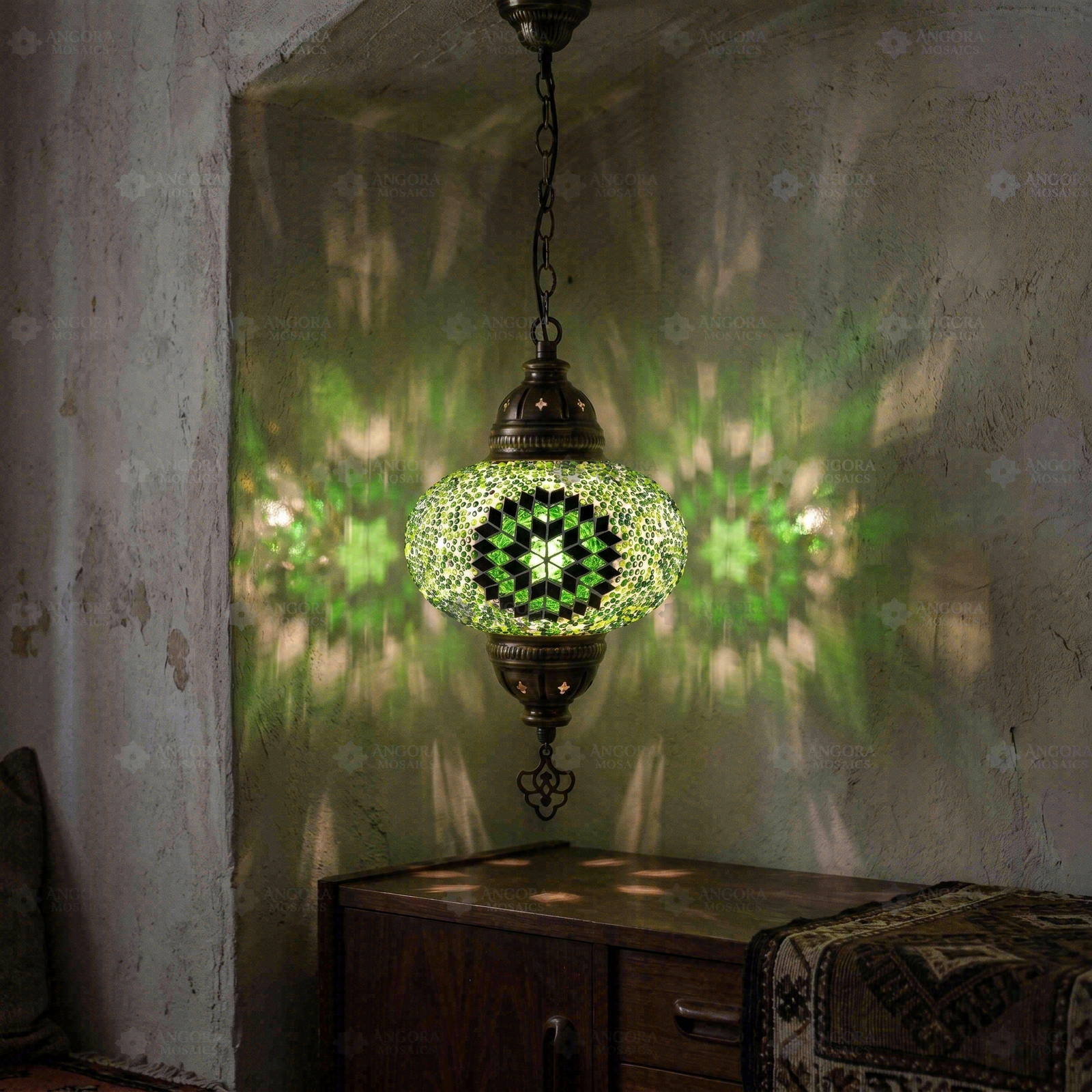 Green green jewel Turkish mosaic pendant light in styled room — handmade Moroccan pendant light (ENV DYN3048)