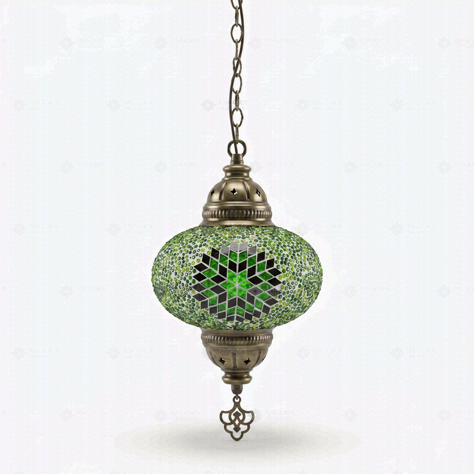 Full view of handmade Green green jewel Turkish mosaic pendant light on white background (ENV DYN3048)