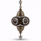 Full view of handmade Amber warm amber Turkish mosaic pendant light on white background (ENV DYN3049)