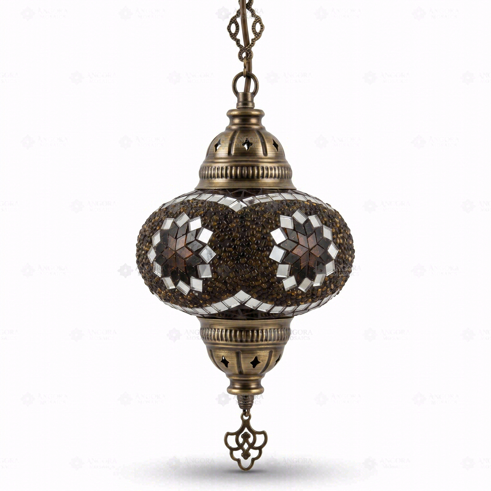 Full view of handmade Amber warm amber Turkish mosaic pendant light on white background (ENV DYN3049)