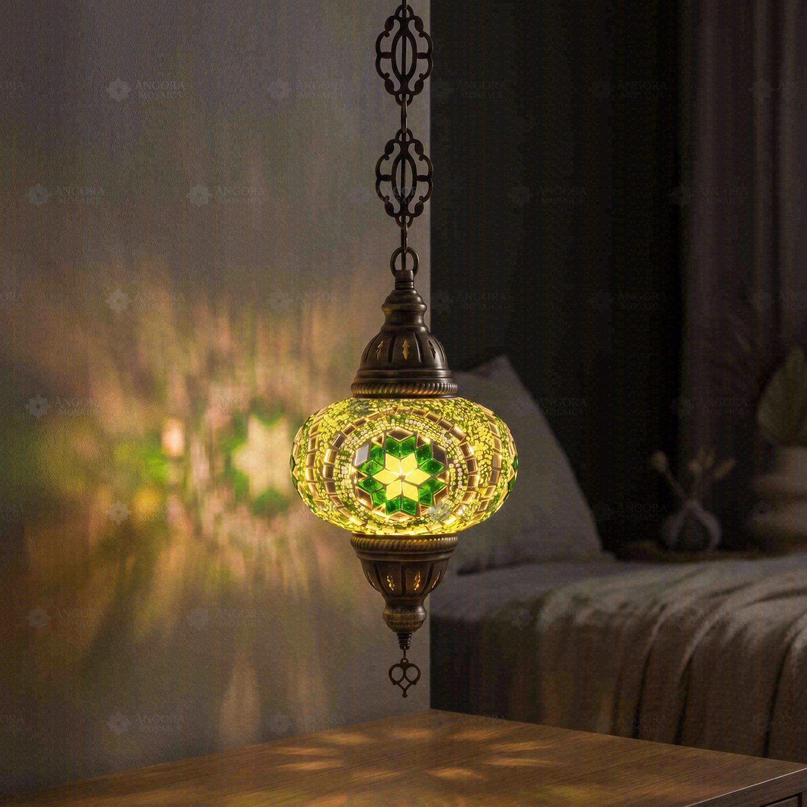 Green green jewel Turkish mosaic pendant light in styled room — handmade Moroccan pendant light (ENV DYN3050)