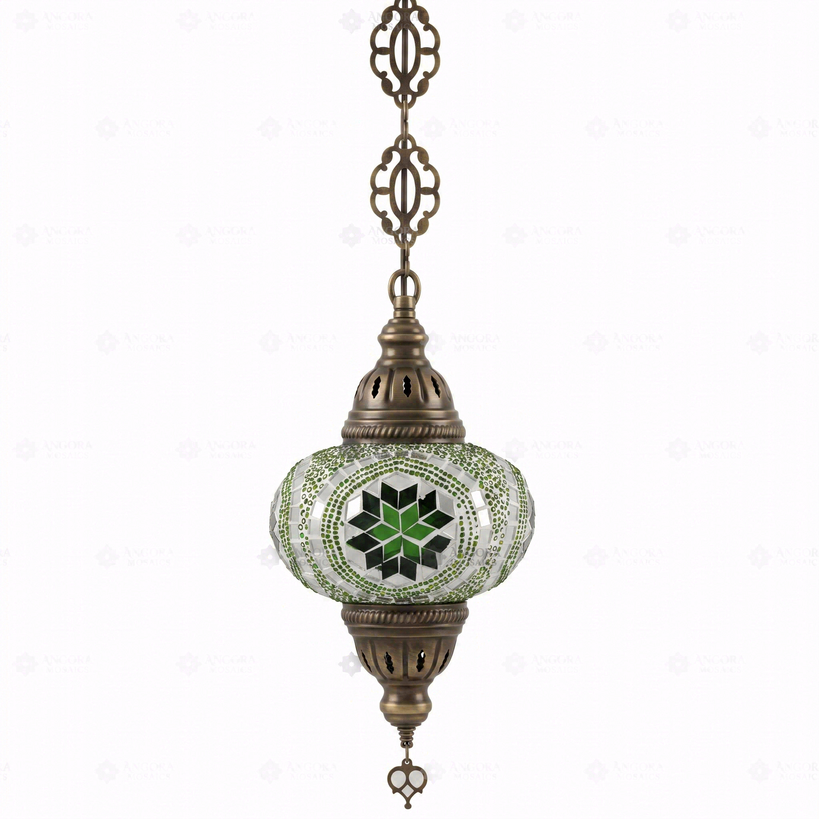 Full view of handmade Green green jewel Turkish mosaic pendant light on white background (ENV DYN3050)
