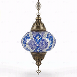 Full view of handmade Blue blue jewel Turkish mosaic pendant light on white background (ENV DYN3053)