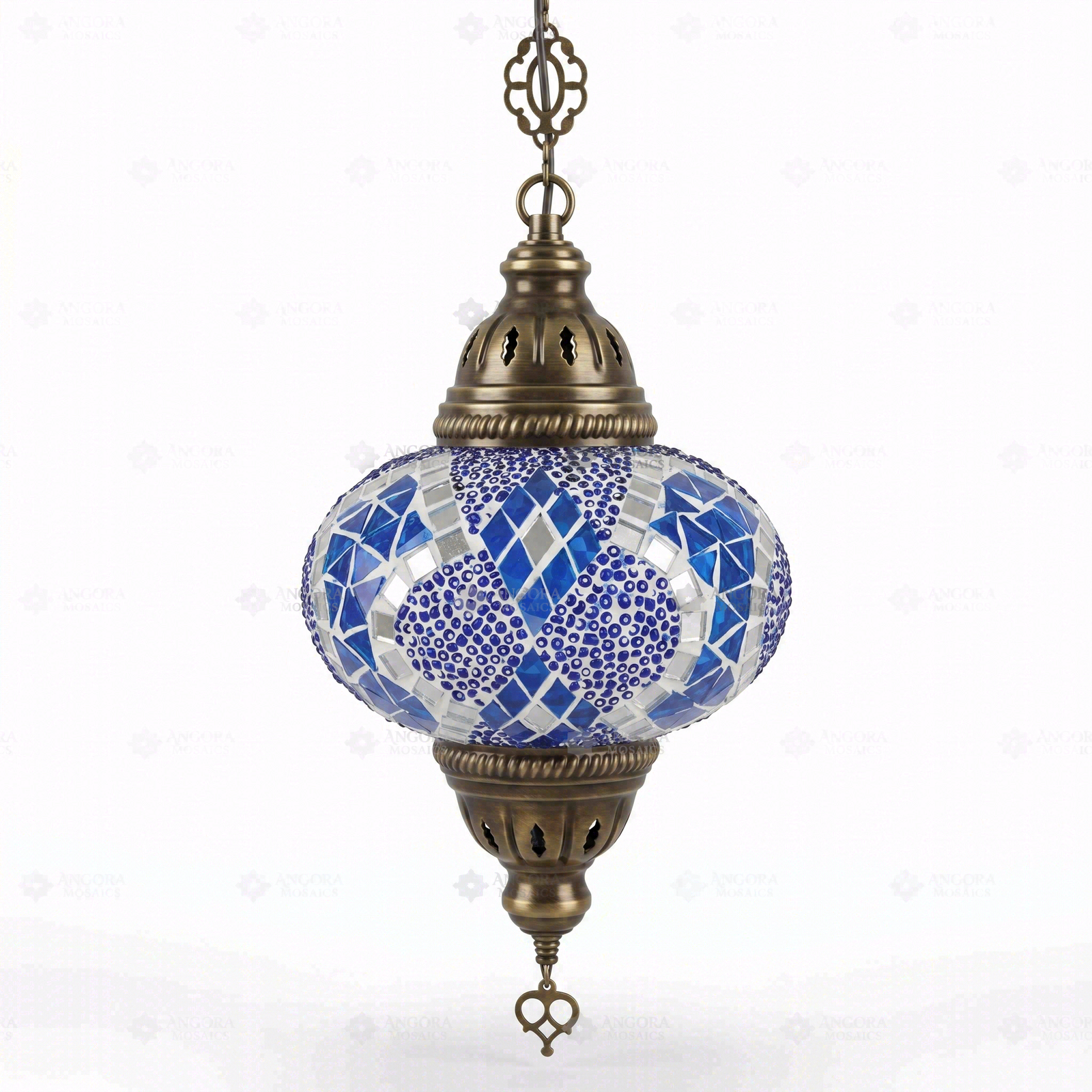 Full view of handmade Blue blue jewel Turkish mosaic pendant light on white background (ENV DYN3053)