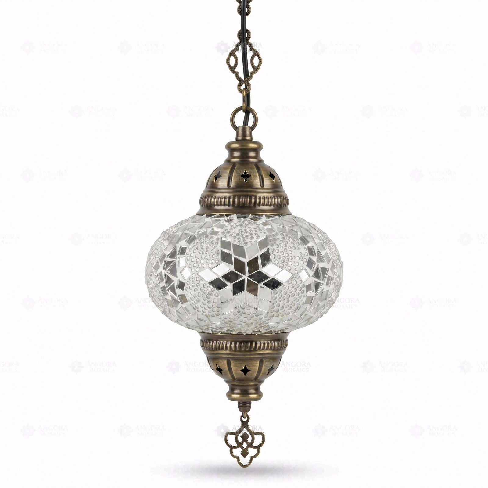 Full view of handmade White white glow Turkish mosaic pendant light on white background (ENV DYN3054)