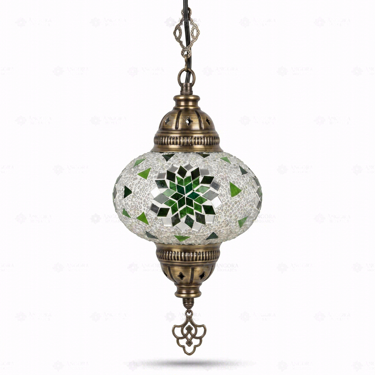 Green Star Pendant Lamp, switched off, on a white background