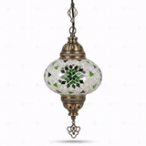Full view of handmade Green green jewel Turkish mosaic pendant light on white background (ENV DYN3055)