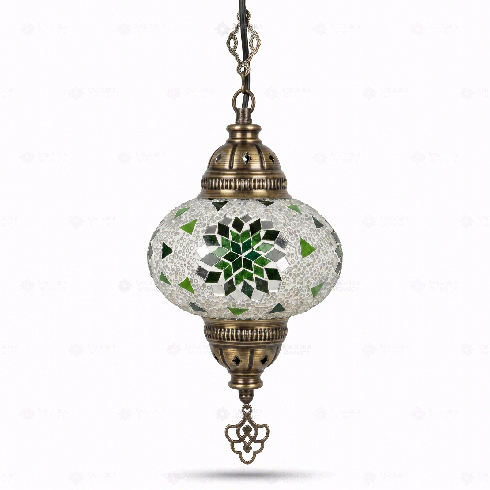 Full view of handmade Green green jewel Turkish mosaic pendant light on white background (ENV DYN3055)