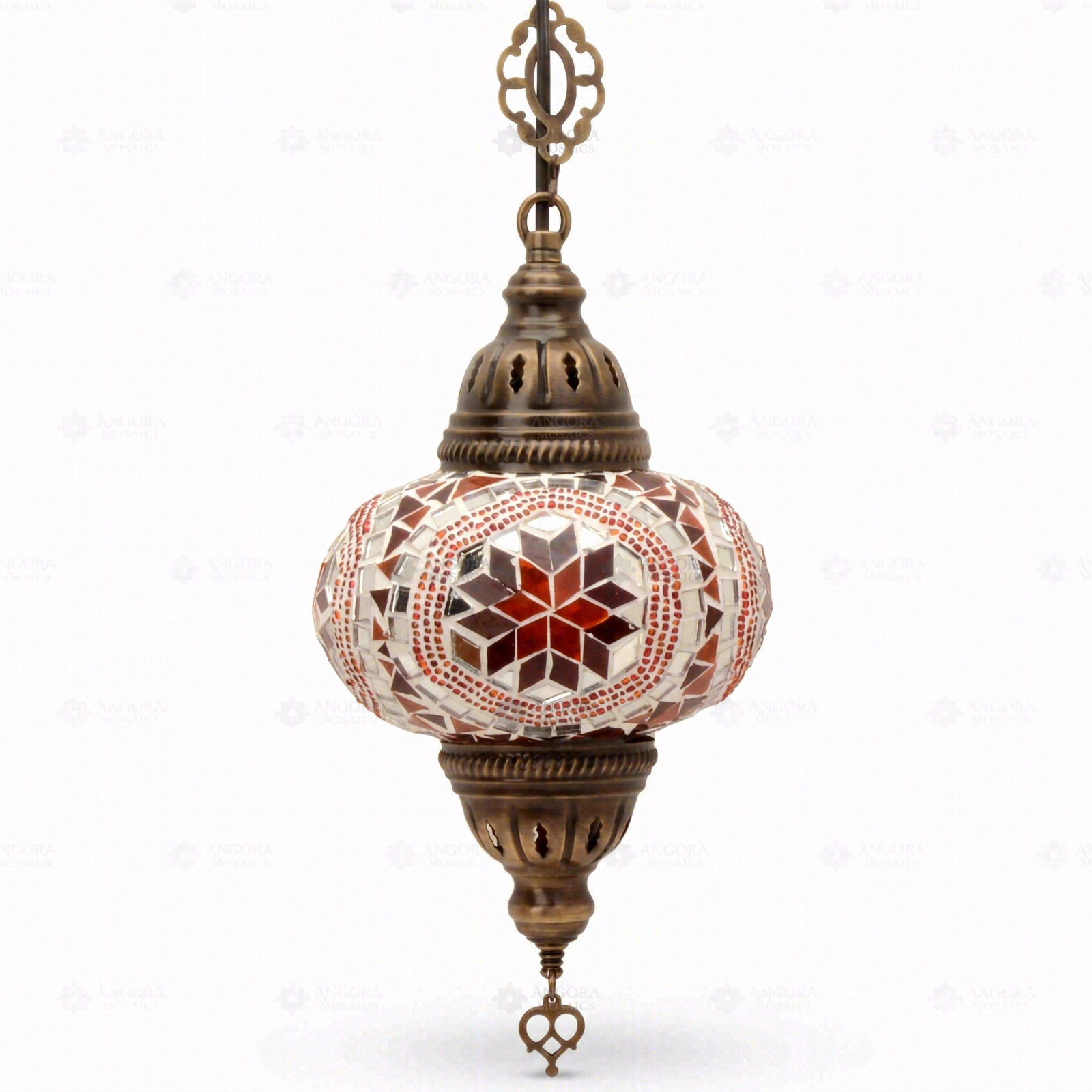Full view of handmade Amber warm amber Turkish mosaic pendant light on white background (ENV DYN3056)
