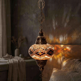 Amber warm amber Turkish mosaic pendant light in styled room — handmade Moroccan pendant light (ENV DYN3057)