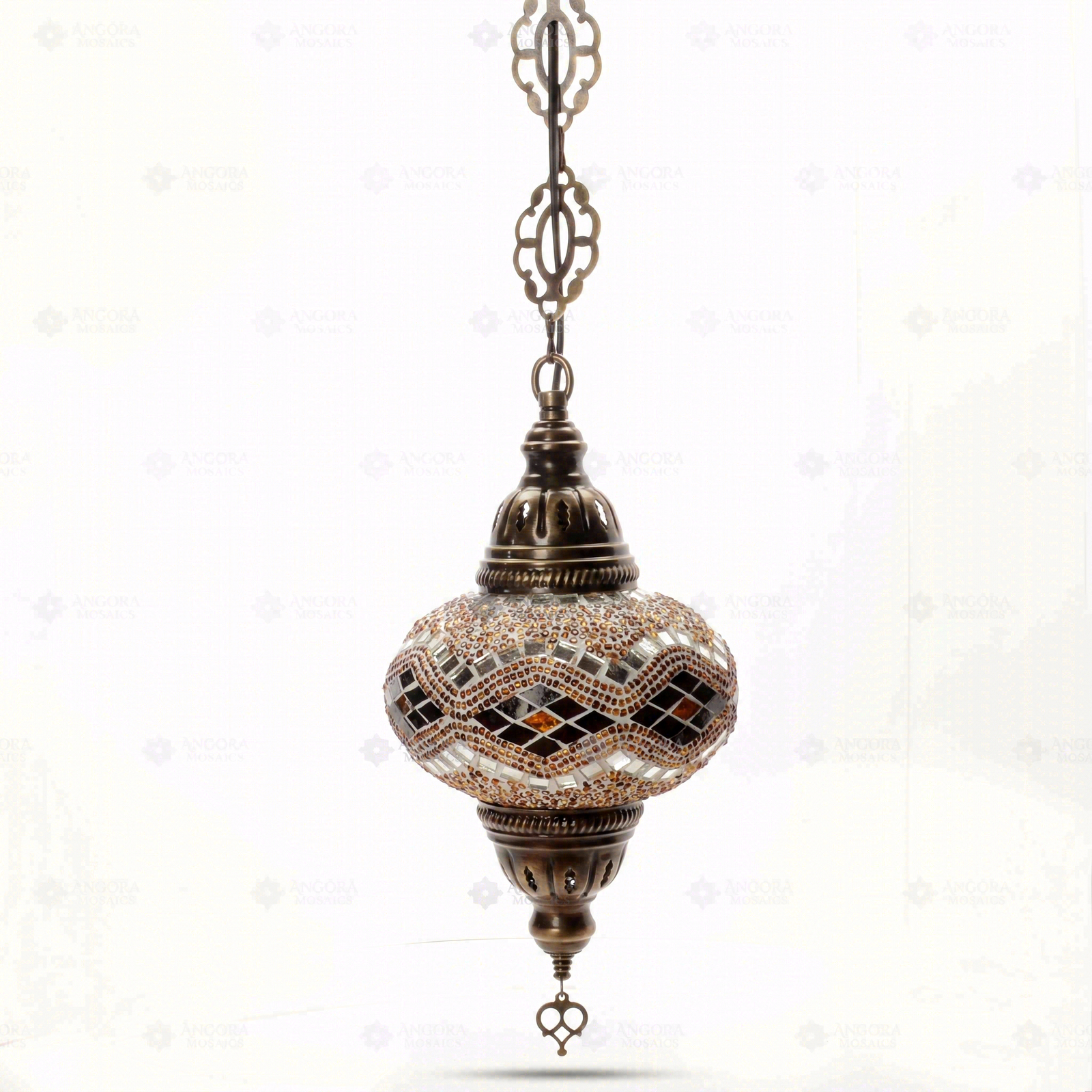 Full view of handmade Amber warm amber Turkish mosaic pendant light on white background (ENV DYN3057)