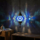 Blue blue jewel Turkish mosaic pendant light in styled room — handmade Moroccan pendant light (ENV DYN3058)