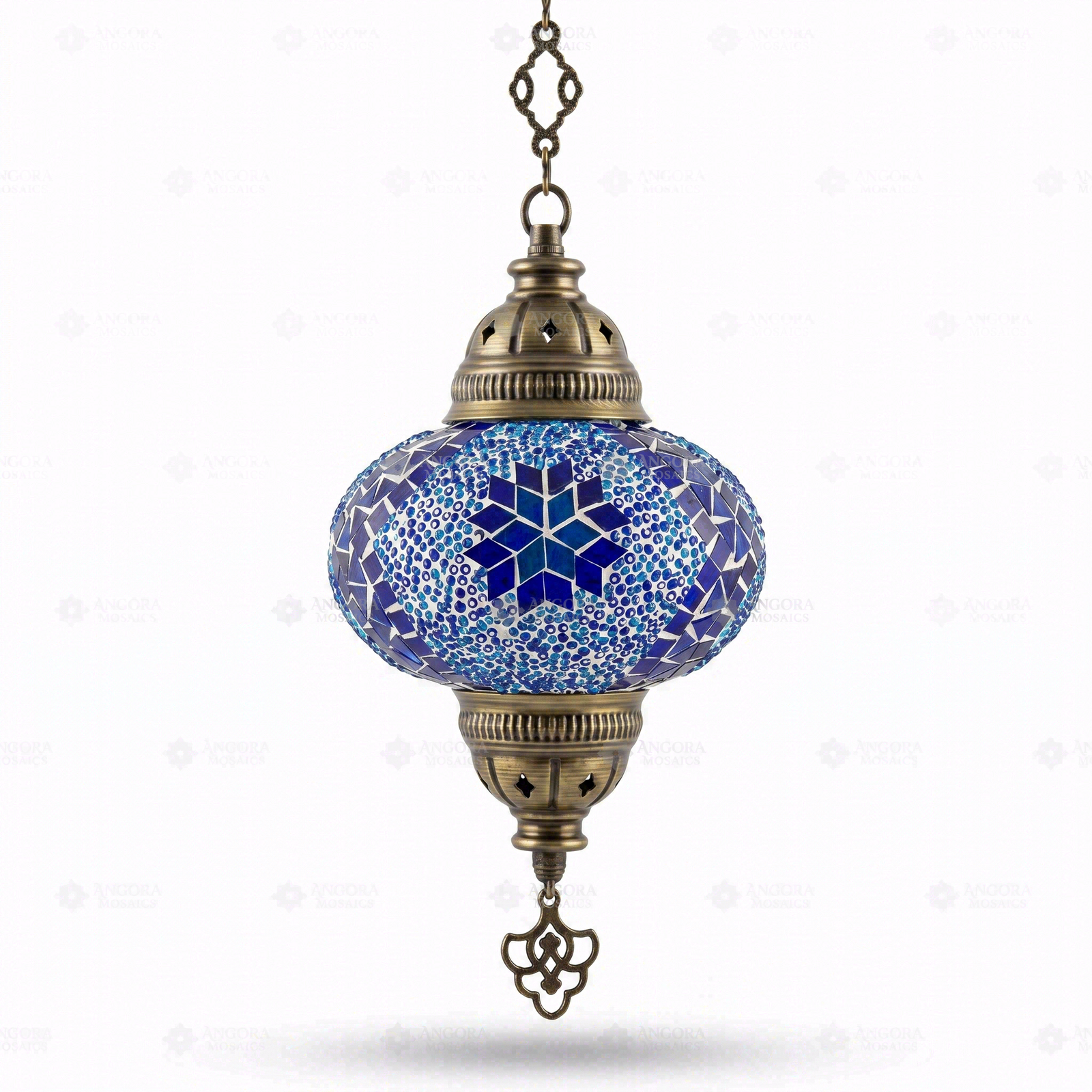 Full view of handmade Blue blue jewel Turkish mosaic pendant light on white background (ENV DYN3058)