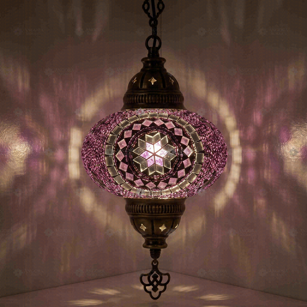 Purple Pendant Lamp, glowing in a dark room