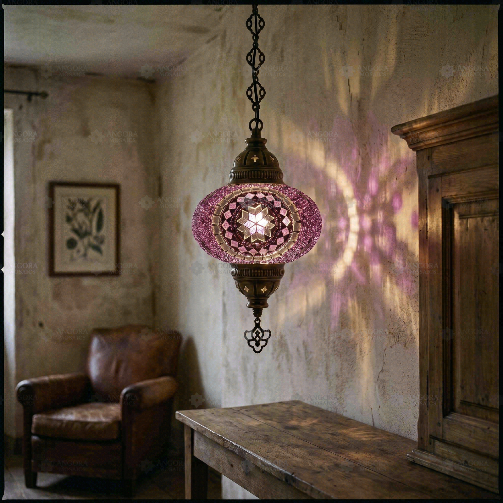 Purple purple jewel Turkish mosaic pendant light in styled room — handmade Moroccan pendant light (ENV DYN3059)