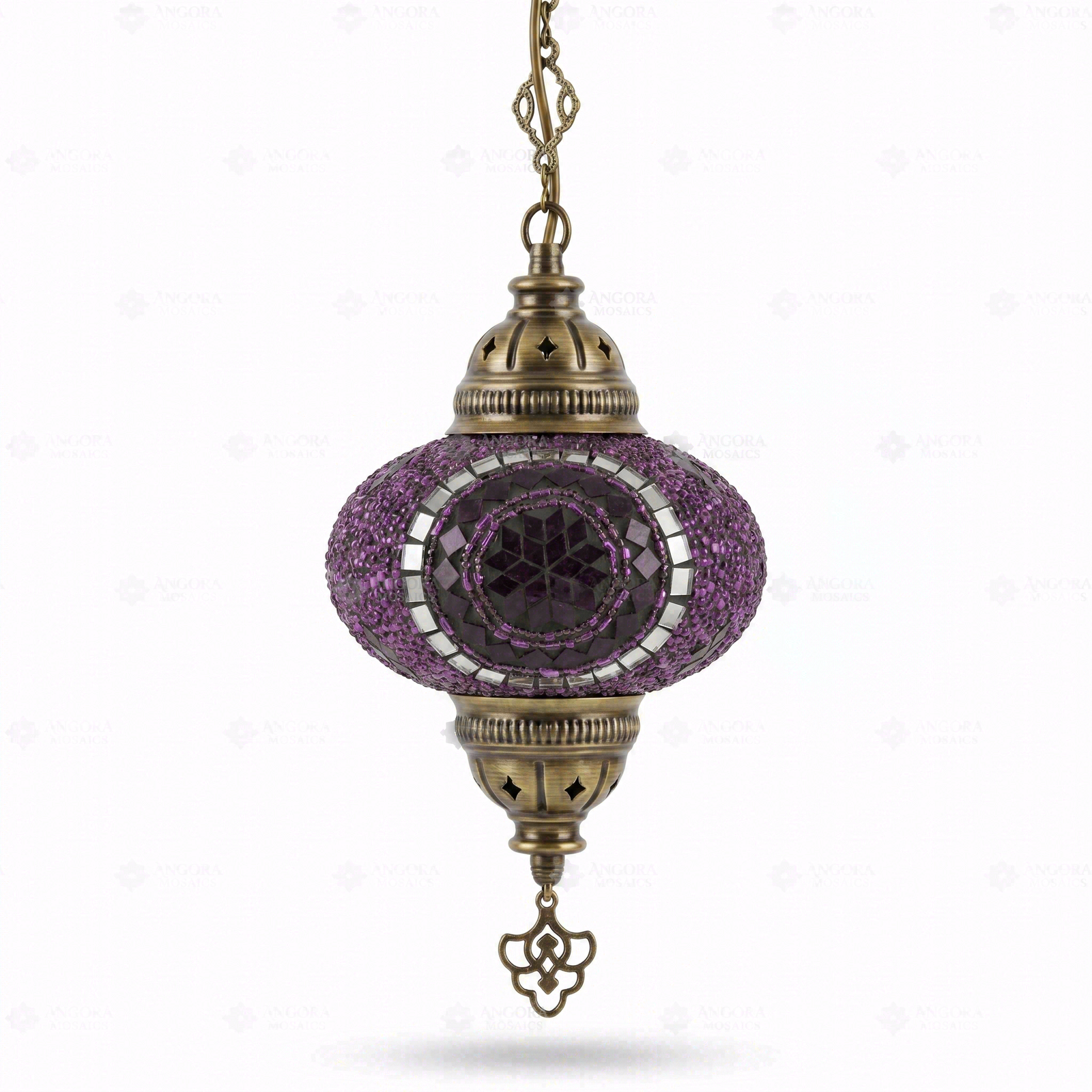 Full view of handmade Purple purple jewel Turkish mosaic pendant light on white background (ENV DYN3059)