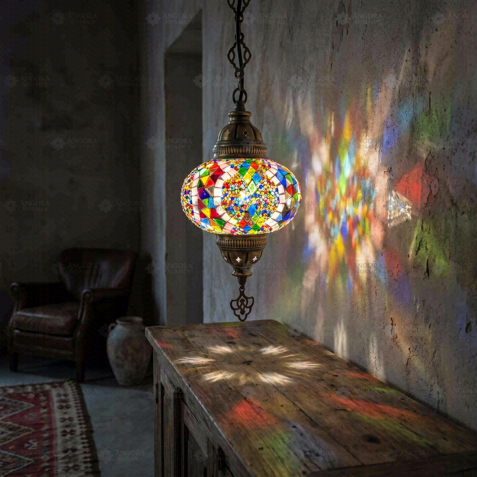 Multicolor multicolor jewel Turkish mosaic pendant light in styled room — handmade Moroccan pendant light (ENV DYN3060)