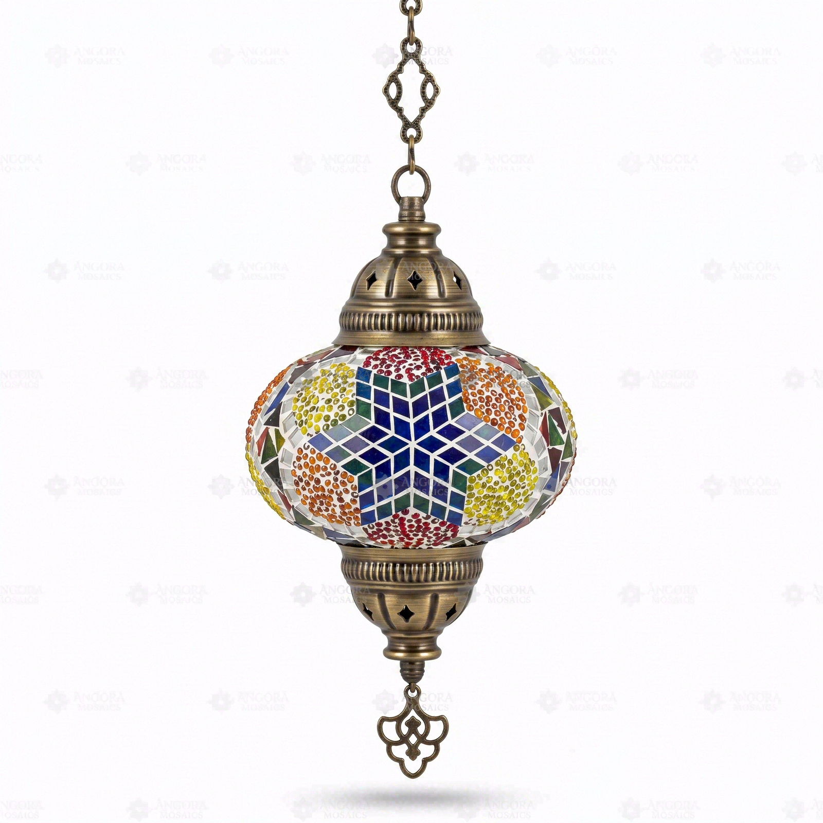 Full view of handmade Multicolor multicolor jewel Turkish mosaic pendant light on white background (ENV DYN3061)