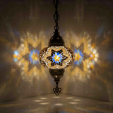 Cool Tones Turkish mosaic pendant light illuminated, showing colorful light projection (ENV DYN3063)