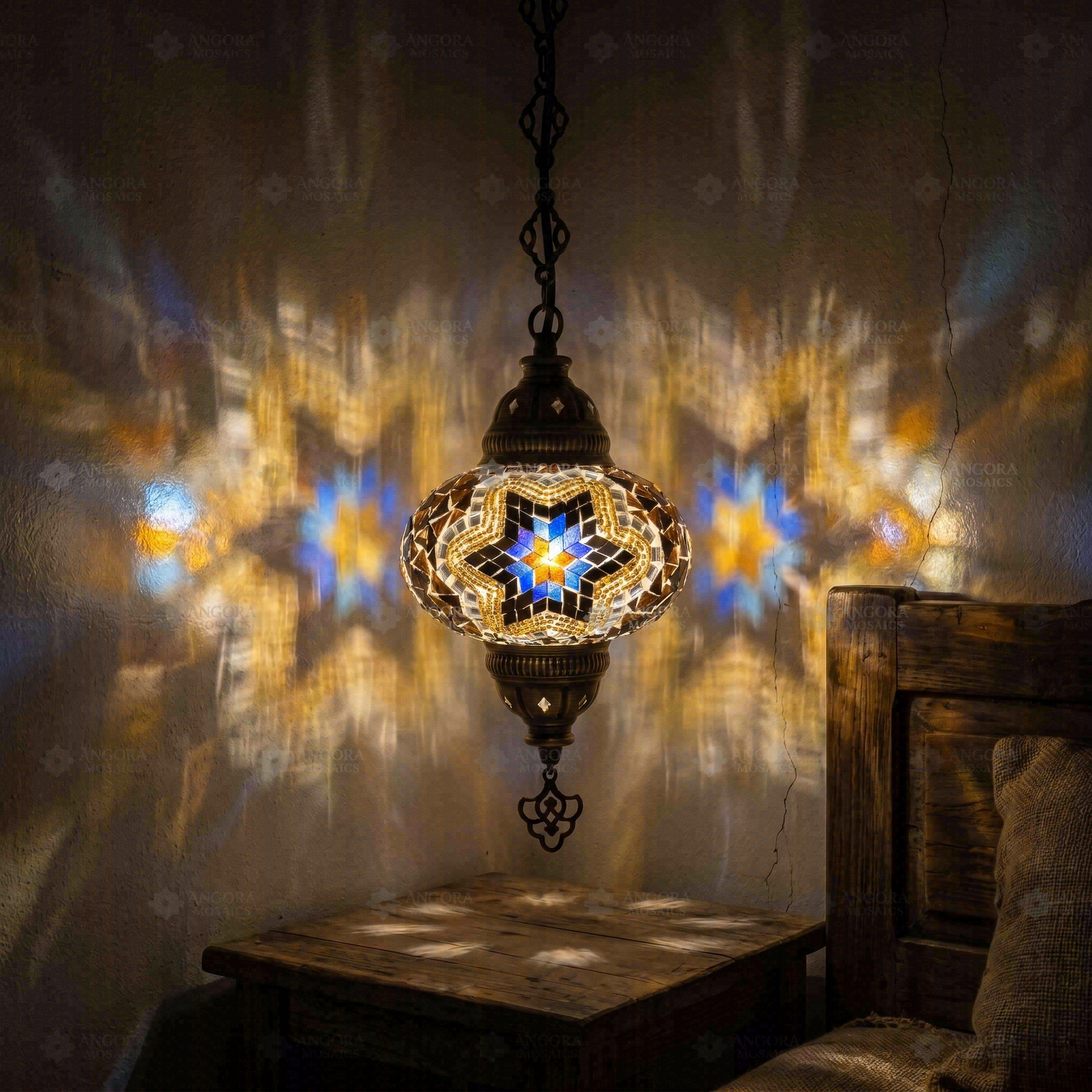 Cool Tones mixed cool Turkish mosaic pendant light in styled room — handmade Moroccan pendant light (ENV DYN3063)