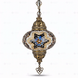Full view of handmade Cool Tones mixed cool Turkish mosaic pendant light on white background (ENV DYN3063)