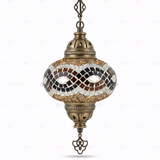 Full view of handmade Amber warm amber Turkish mosaic pendant light on white background (ENV DYN3064)