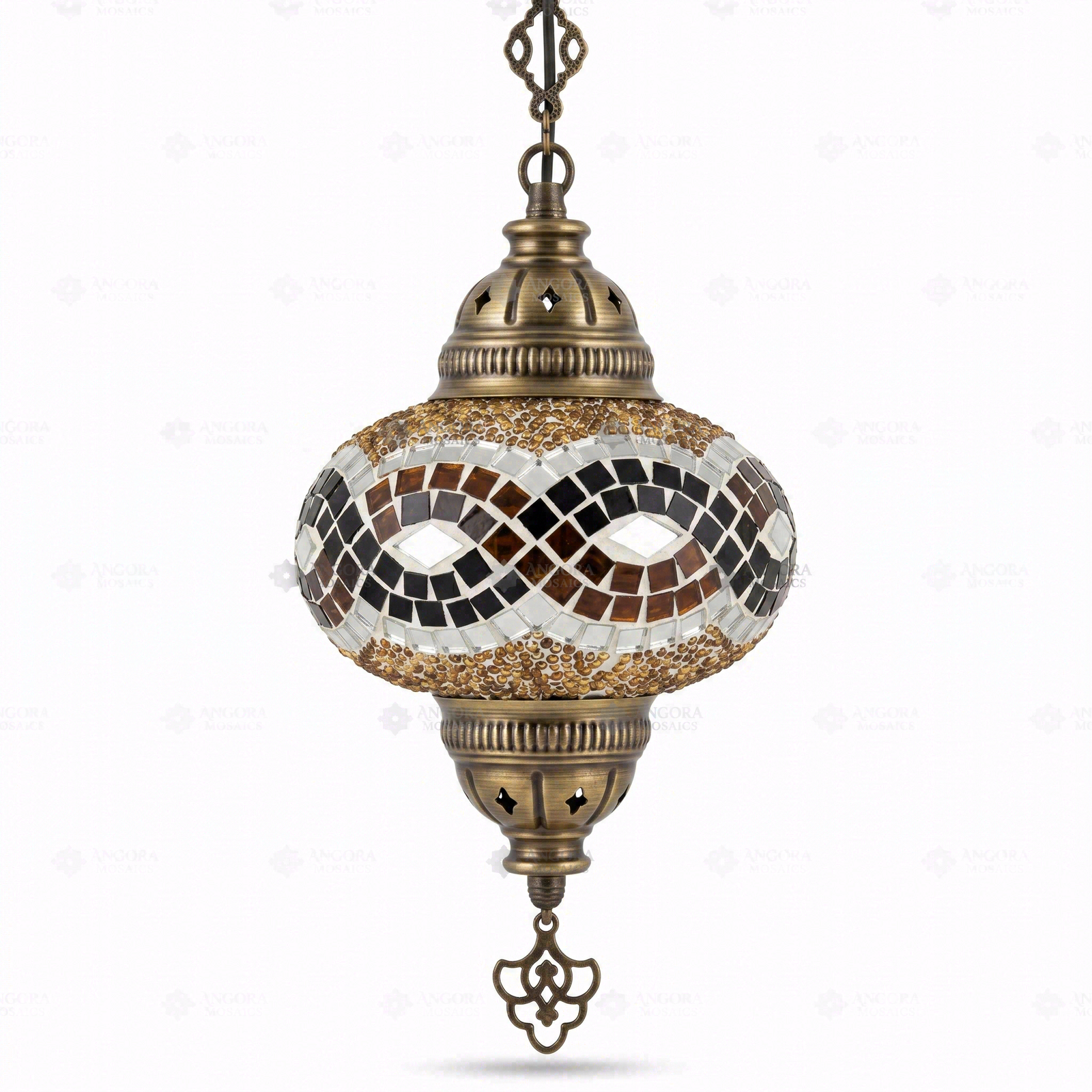 Full view of handmade Amber warm amber Turkish mosaic pendant light on white background (ENV DYN3064)