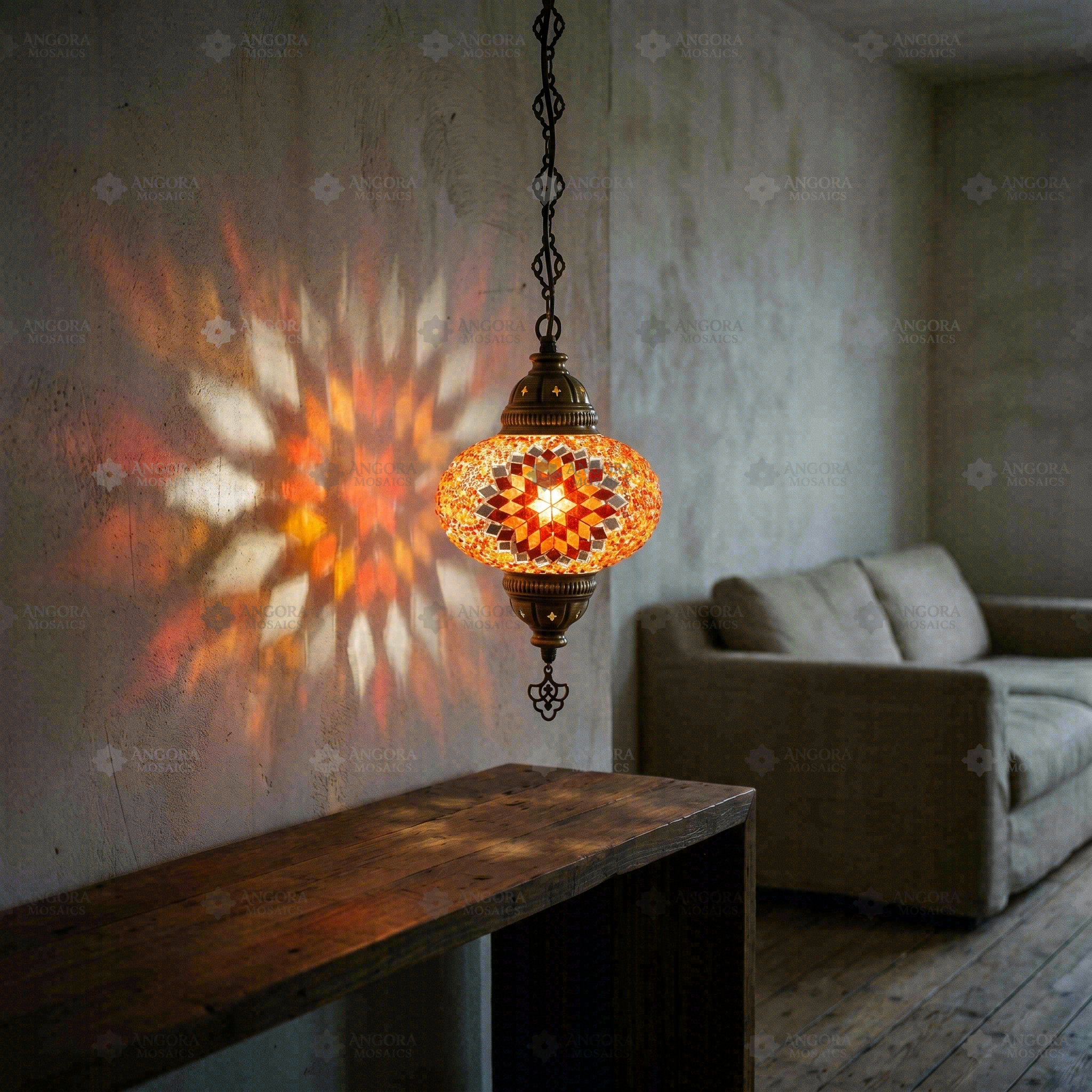 Amber warm amber Turkish mosaic pendant light in styled room — handmade Moroccan pendant light (ENV DYN3065)