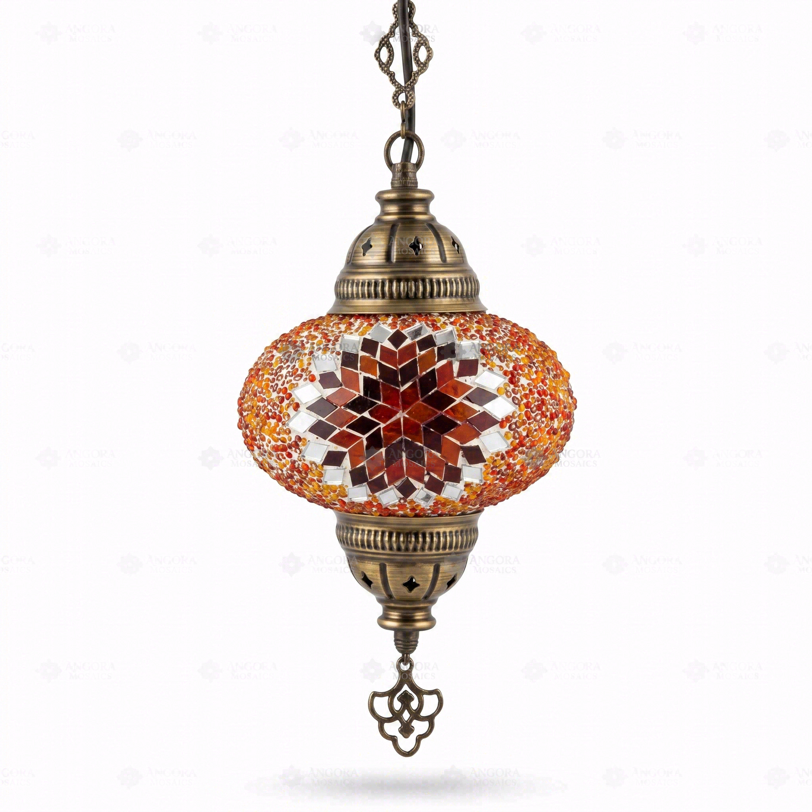 Full view of handmade Amber warm amber Turkish mosaic pendant light on white background (ENV DYN3065)