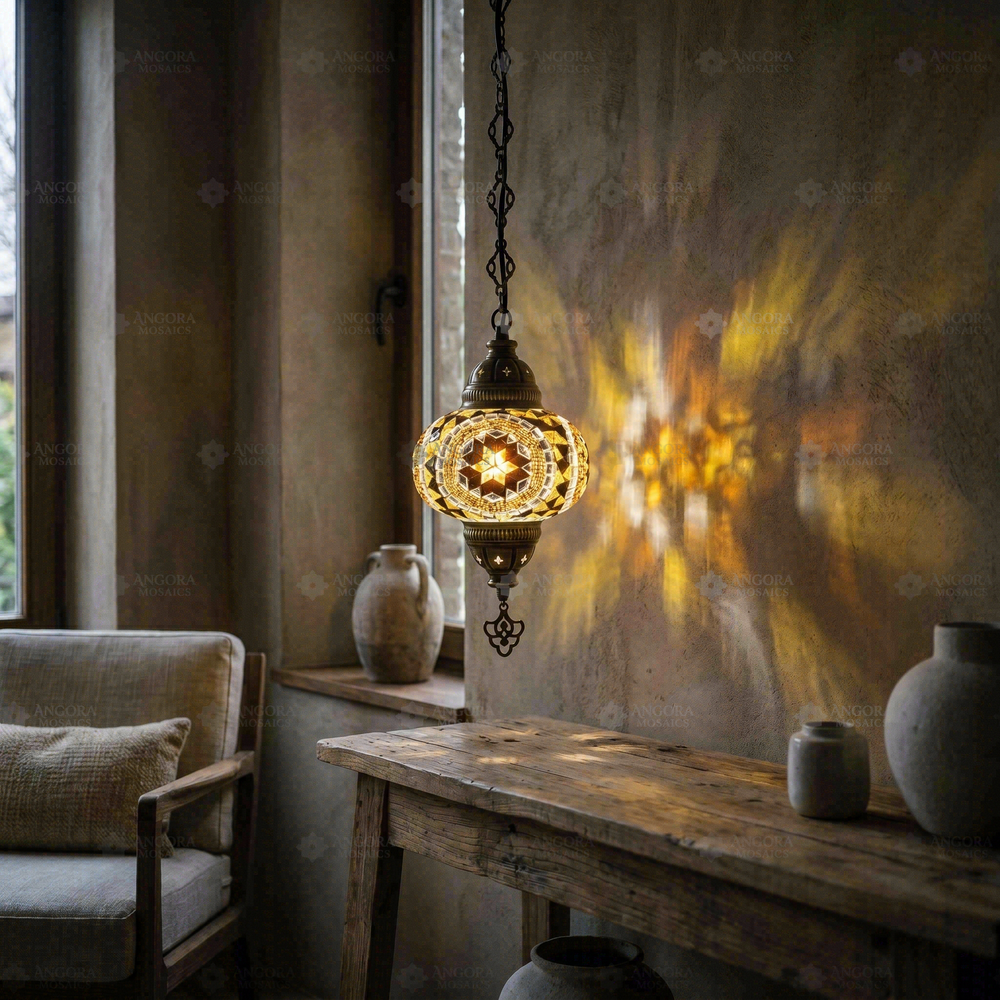 Amber Pendant Lamp, lit in a room