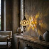 Amber warm amber Turkish mosaic pendant light in styled room — handmade Moroccan pendant light (ENV DYN3067)