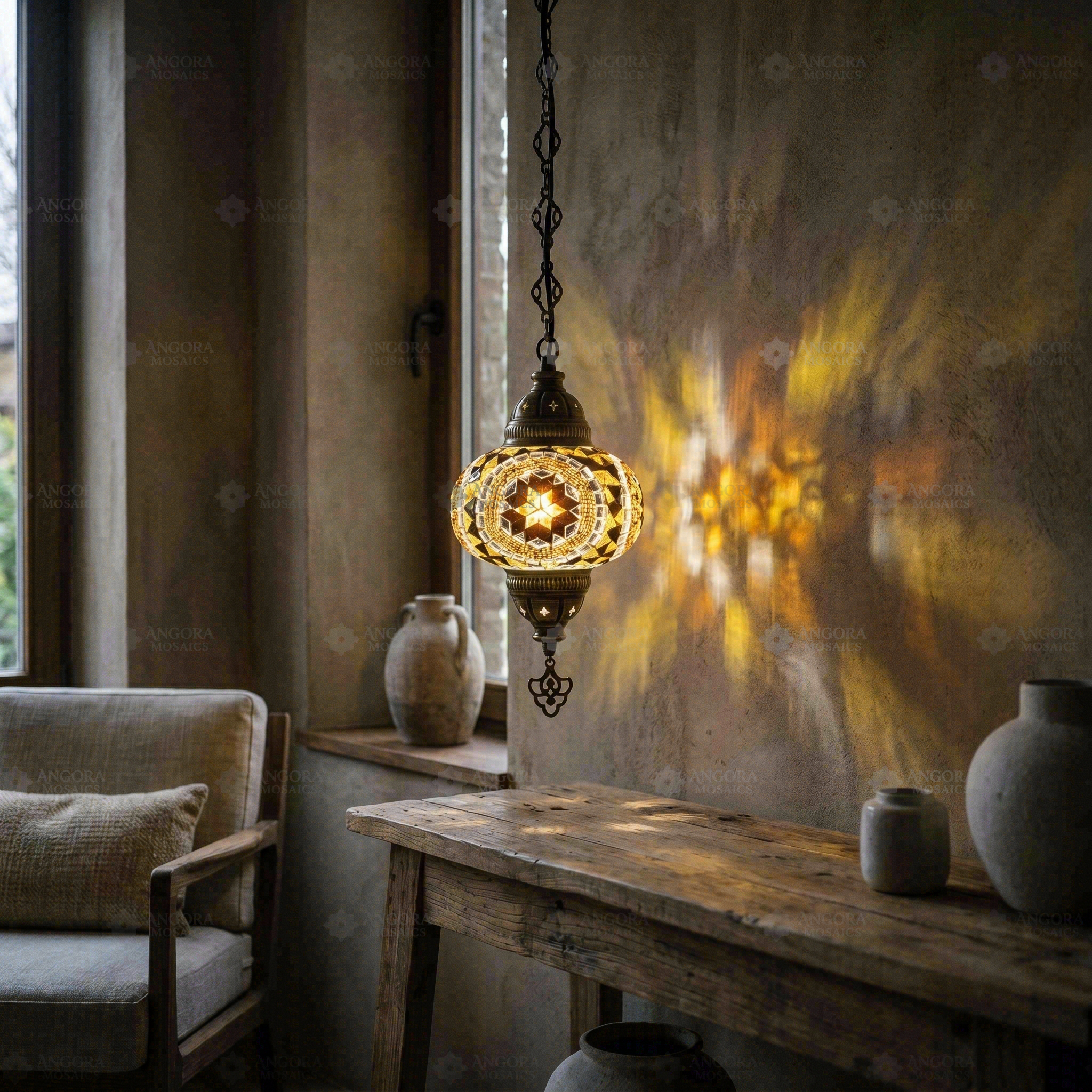 Amber warm amber Turkish mosaic pendant light in styled room — handmade Moroccan pendant light (ENV DYN3067)