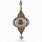 Full view of handmade Amber warm amber Turkish mosaic pendant light on white background (ENV DYN3067)