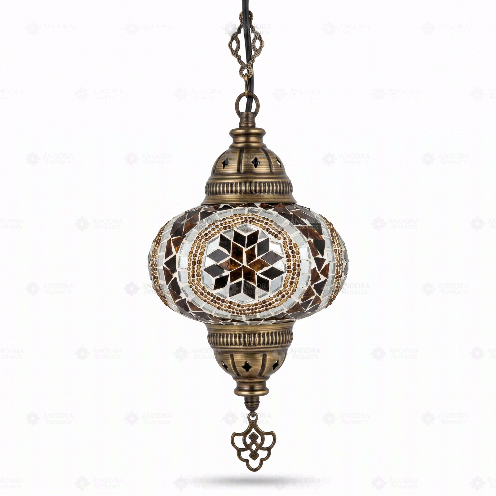 Full view of handmade Amber warm amber Turkish mosaic pendant light on white background (ENV DYN3067)