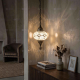 White white glow Turkish mosaic pendant light in styled room — handmade Moroccan pendant light (ENV DYN3068)