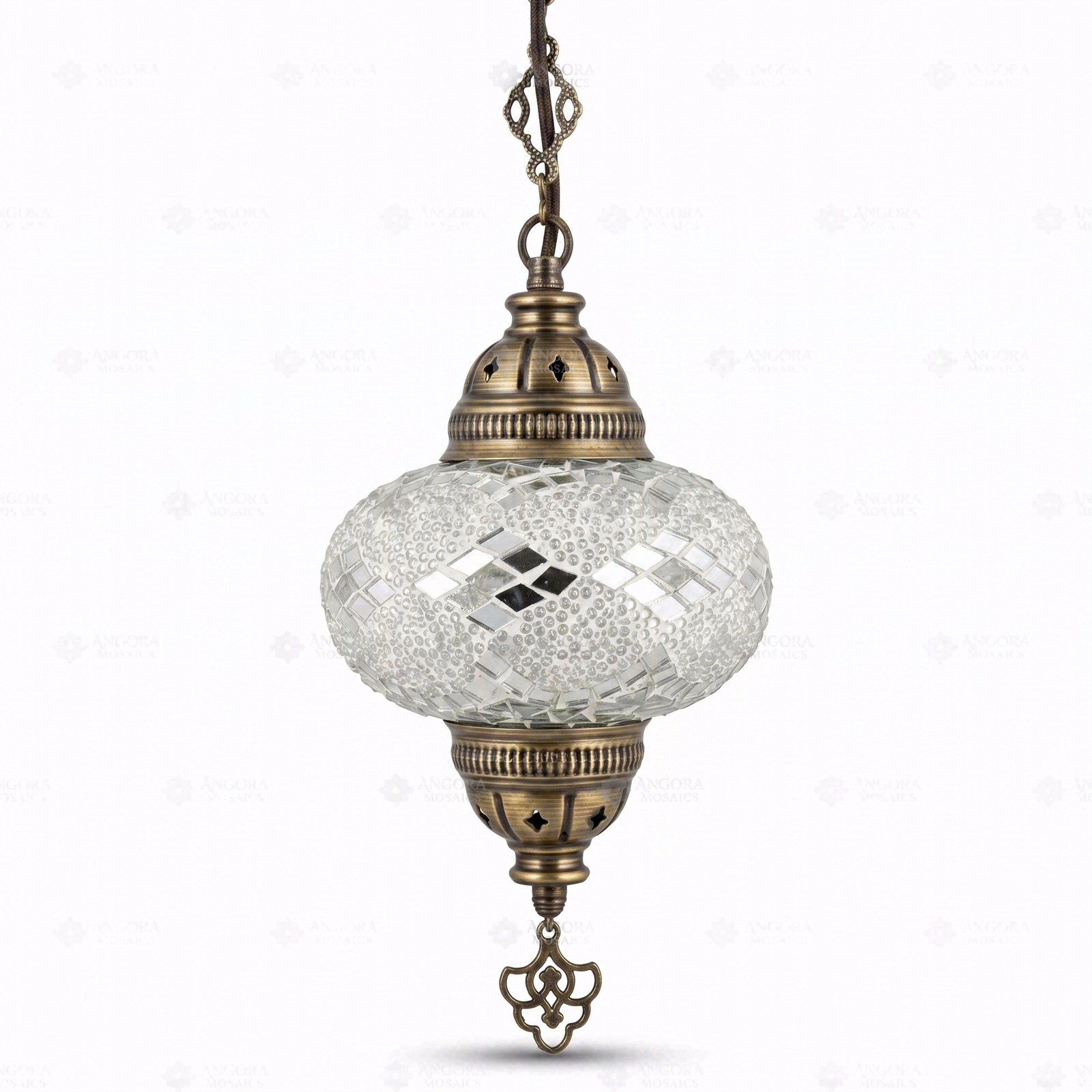 Full view of handmade White white glow Turkish mosaic pendant light on white background (ENV DYN3068)