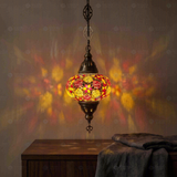 Amber warm amber Turkish mosaic pendant light in styled room — handmade Moroccan pendant light (ENV DYN3079)