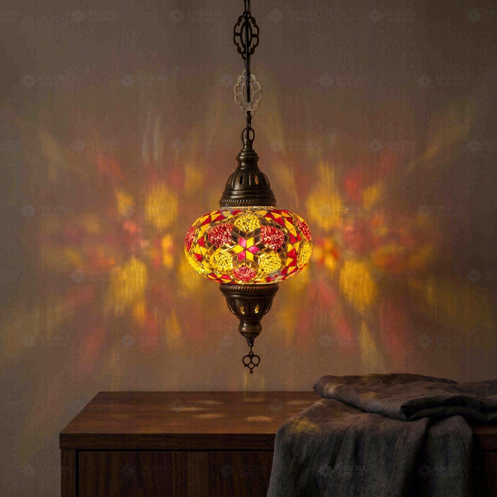 Amber warm amber Turkish mosaic pendant light in styled room — handmade Moroccan pendant light (ENV DYN3079)