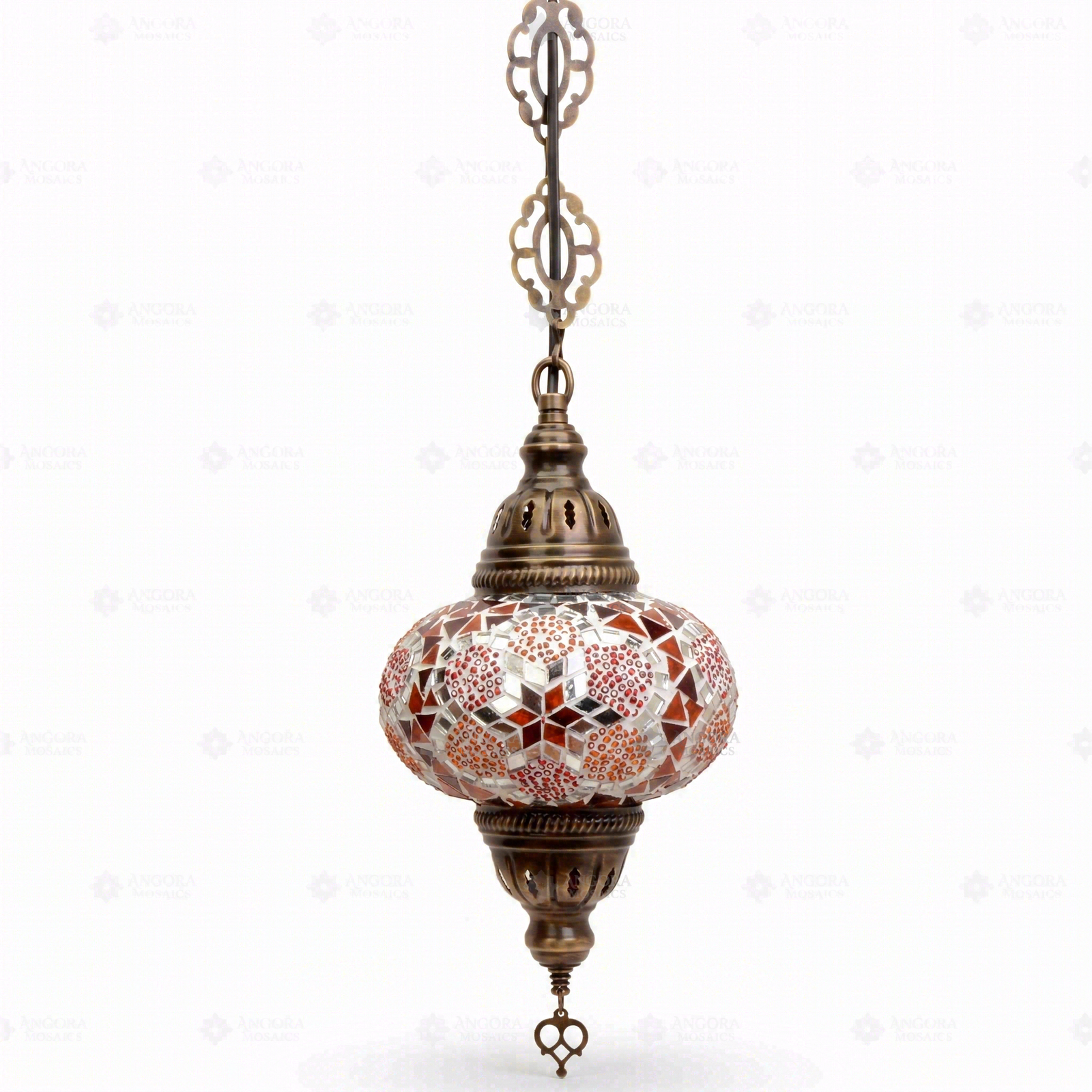 Full view of handmade Amber warm amber Turkish mosaic pendant light on white background (ENV DYN3079)