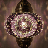 Lit close-up of mosaic glass globe — Purple pendant light glowing (ENV DYN3087)