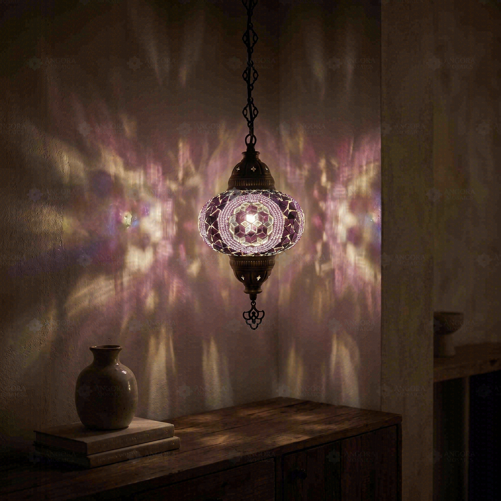 Purple purple jewel Turkish mosaic pendant light in styled room — handmade Moroccan pendant light (ENV DYN3087)