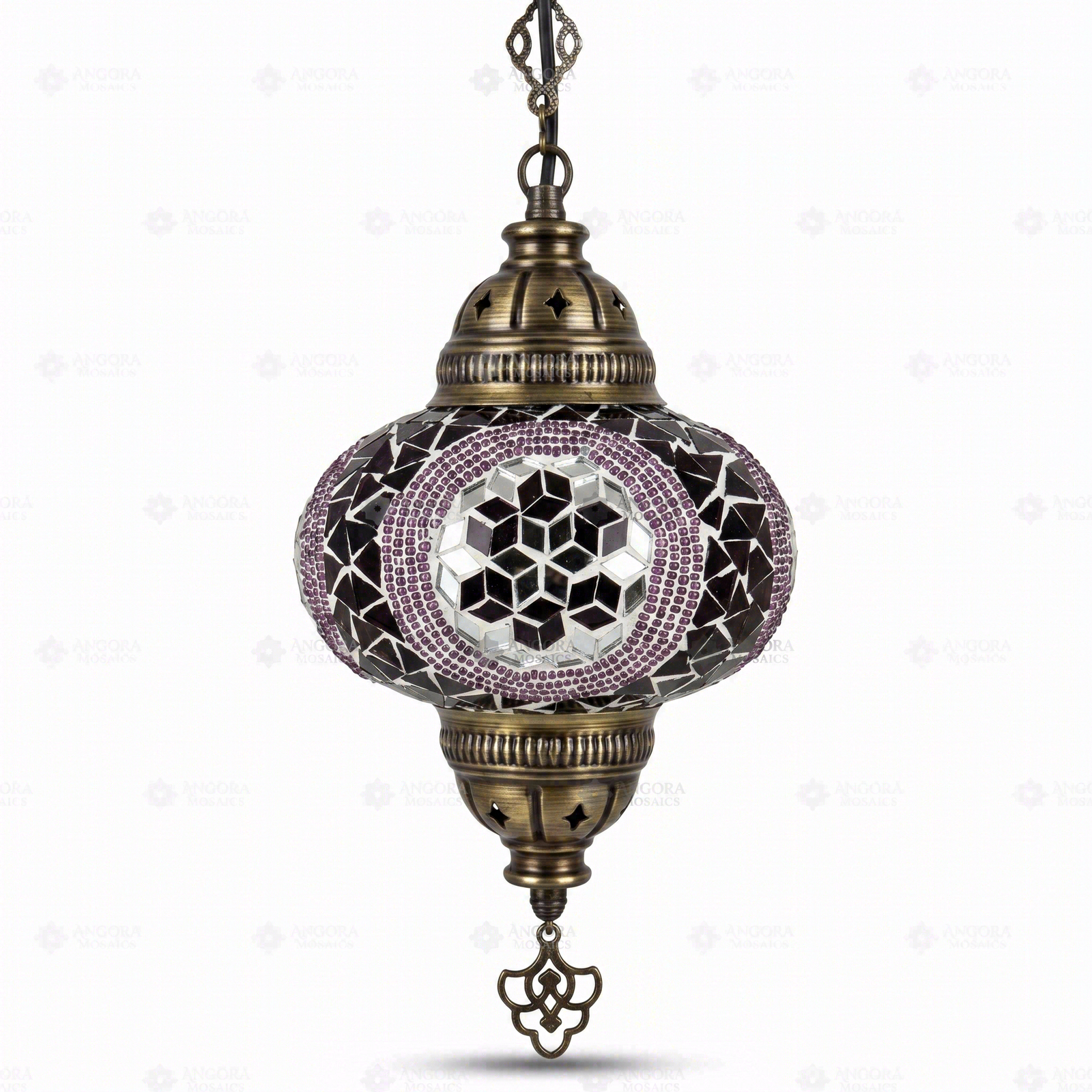 Full view of handmade Purple purple jewel Turkish mosaic pendant light on white background (ENV DYN3087)