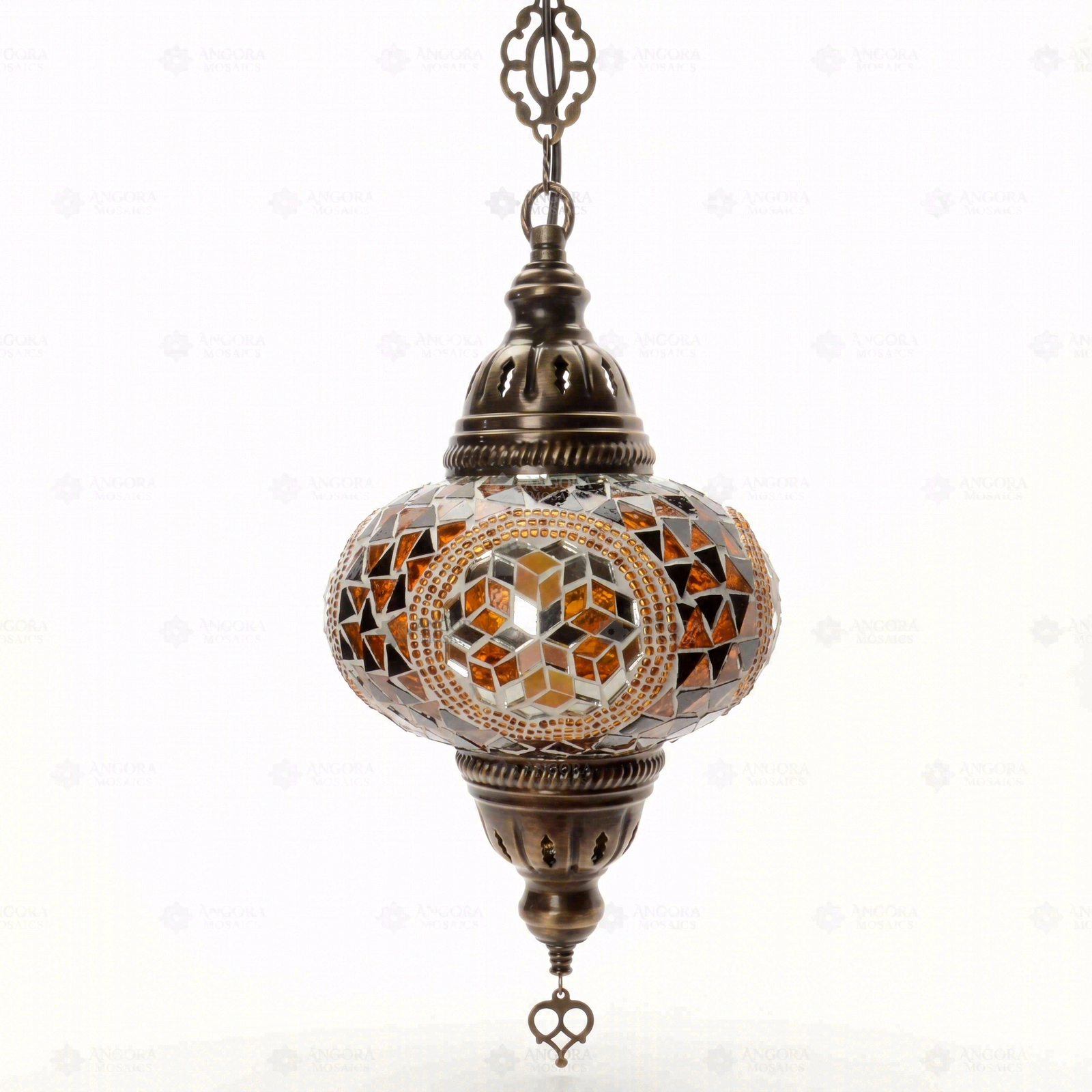 Full view of handmade Amber warm amber Turkish mosaic pendant light on white background (ENV DYN3089)